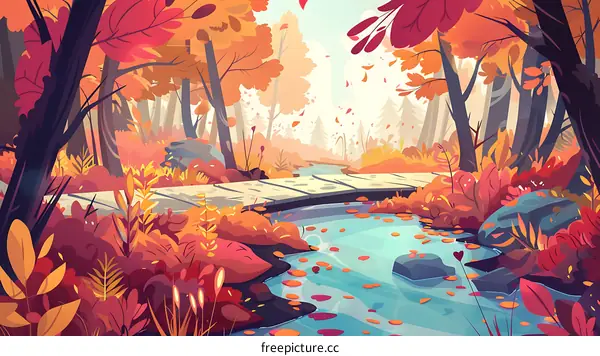 Autumn Forest Stream Landscape Illustration