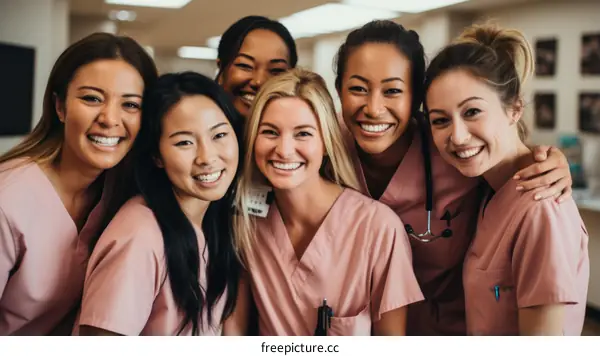 A group of diverse female nurses smiling and posing for a photo