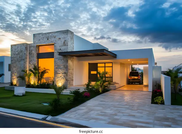 Modern House Exterior with Stone Facade and Landscaping