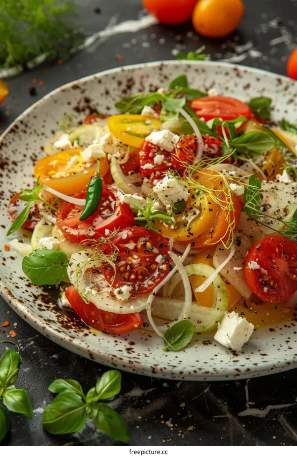 Colorful tomato salad with feta cheese and herbs