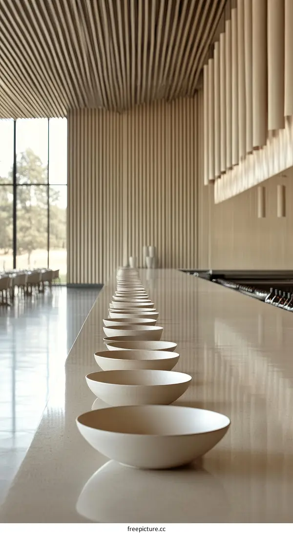 Modern Restaurant Interior with Wooden Accents and Bowls