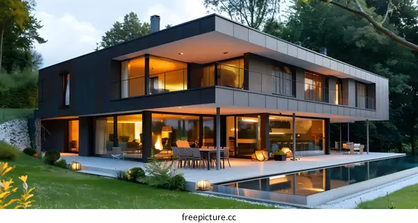 Modern Home with Swimming Pool and Lush Greenery