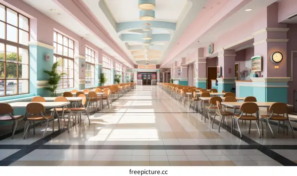 An empty cafeteria with pink and blue walls and a tiled floor