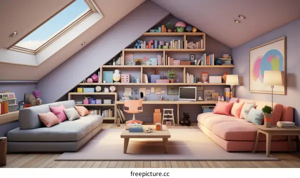 Colorful and cozy attic space with lots of pillows, bookshelves, and a pale pink sofa