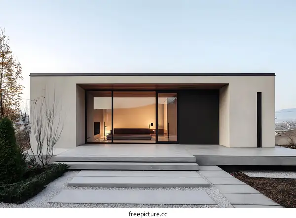 Minimalist Modern House Exterior with Glass Doors and Stone Steps