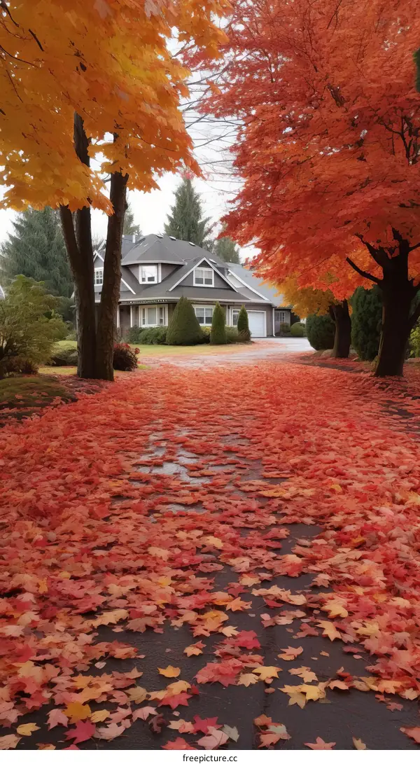 Colorful autumn leaves on the driveway