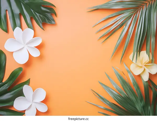 Tropical Summer Background with Palm Leaves and Flowers