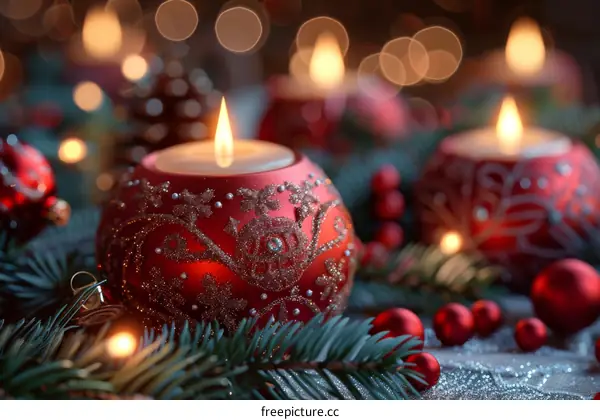 Christmas Candles with Ornaments and Pine