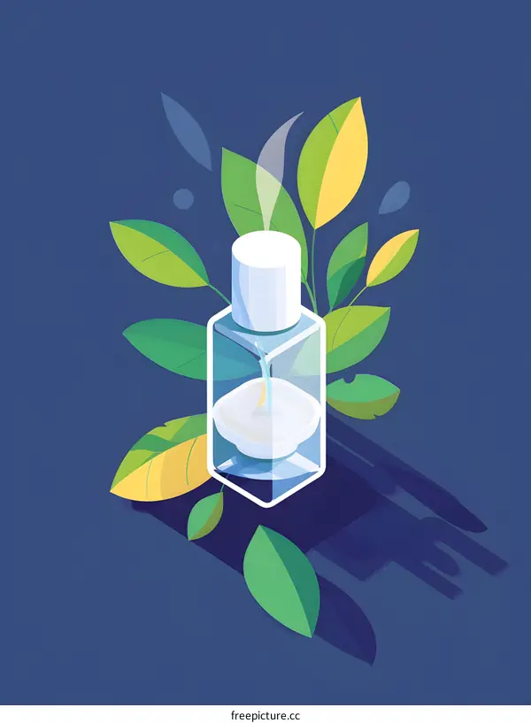 Green Leaves and Glass Bottle with White Lid