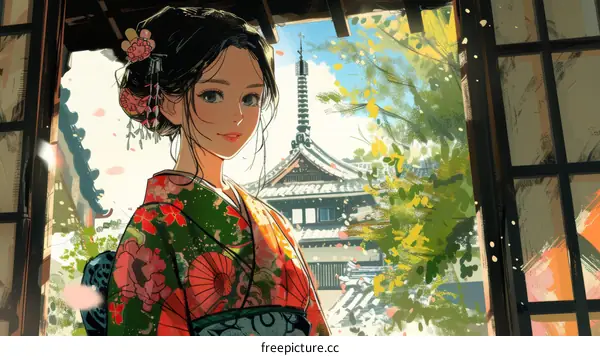 A woman wearing a kimono is standing in a traditional Japanese house.