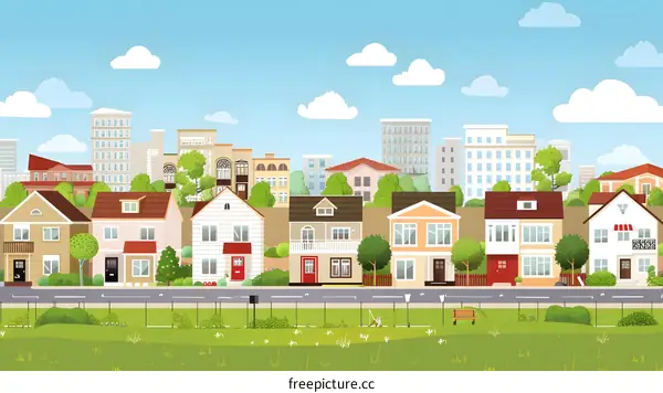 Suburban House with Green Grass and Blue Sky