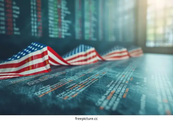 American flags on a table with stock market data in the background