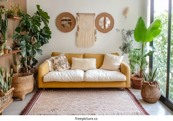 Cozy Living Room with Plants and Mustard Sofa