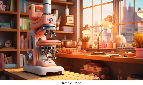 A pink microscope sits on a wooden table in a home office. There are bookshelves, a desk, and a window in the background.