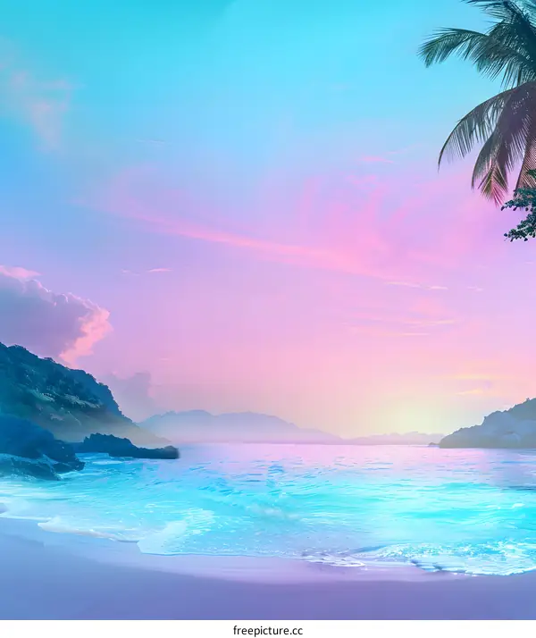 Tropical Beach Sunset with Pink and Blue Sky