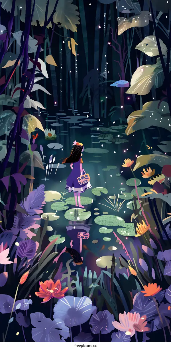 Girl in the Forest with Lotus Flowers