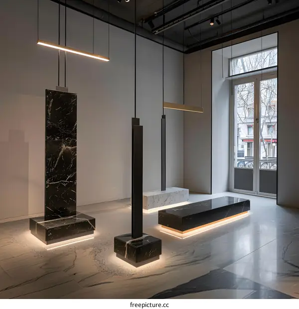 Modern Minimalist Interior Design with Black Marble and Minimalist Lighting