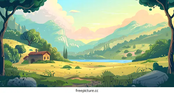 Peaceful Countryside Landscape with a Small House and a Lake
