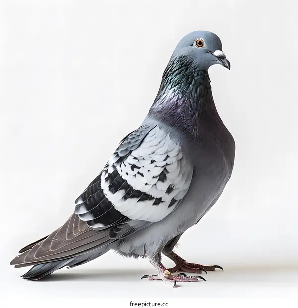 A studio shot of a pigeon with a white background