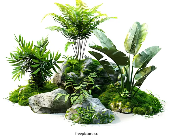 3D rendering of green plants and rocks