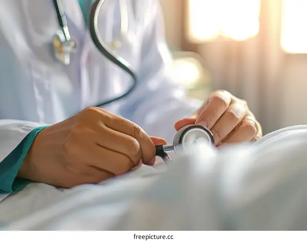 Doctor checking patient's health with stethoscope in hospital