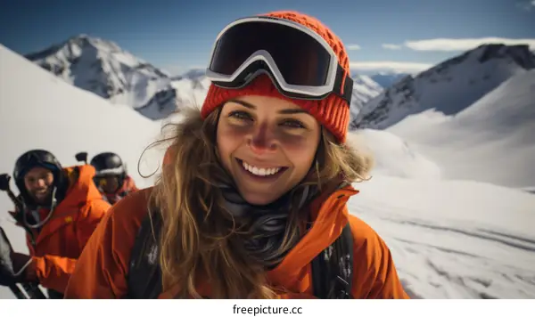Portrait of a smiling female skier with goggles and a red beanie
