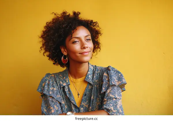 Portrait of a Woman with Curly Hair in a Yellow Background