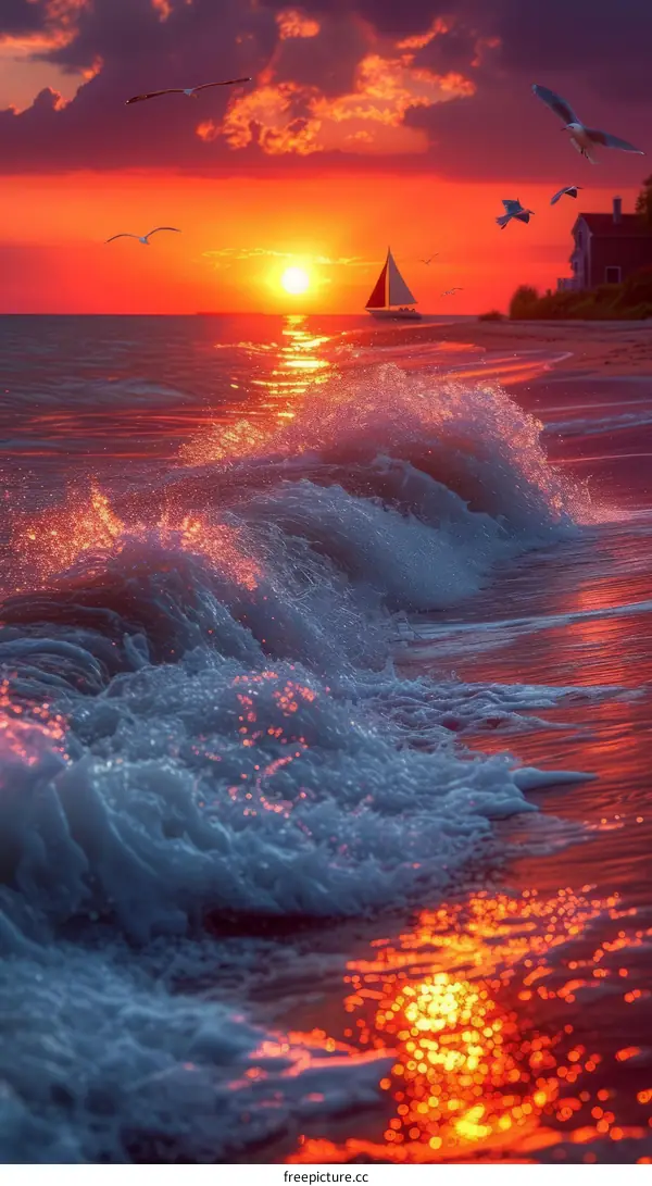 crimson sea sunset with distant sailboat and birds flying overhead