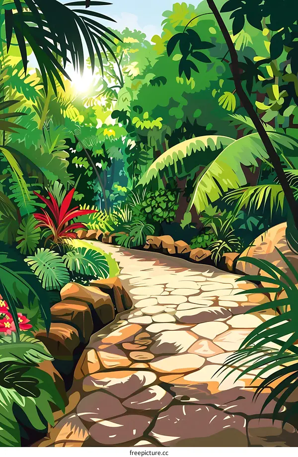 Jungle Pathway Illustration With Lush Green Foliage And Stone Path