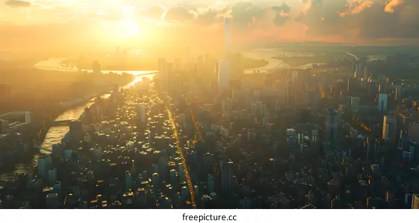 A birds eye view of a futuristic city with skyscrapers and a river running through it.