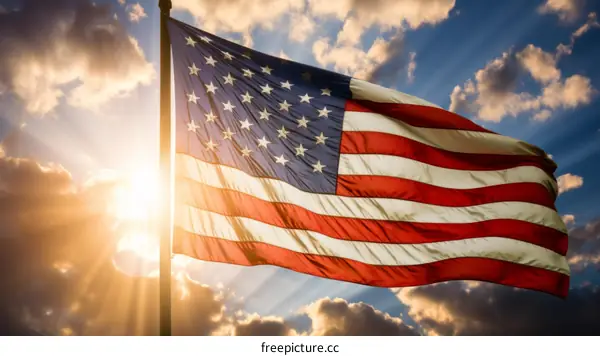 American flag waving in the wind with a sunset in the background