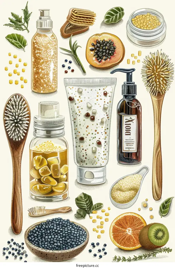 Natural beauty products and organic cosmetics ingredients. Vector hand drawn illustration