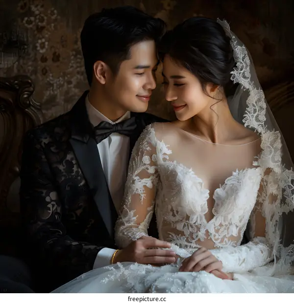 A couple in wedding dress and tuxedo are taking indoor wedding photos