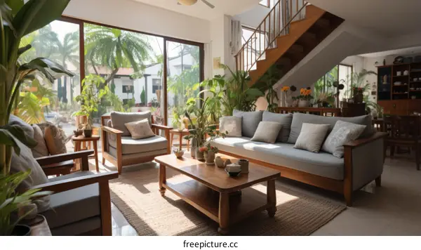 Spacious Tropical Home Interior with Wooden Furniture and Greenery