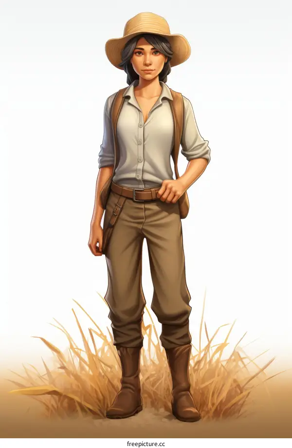 A woman explorer standing in a field with tall grass