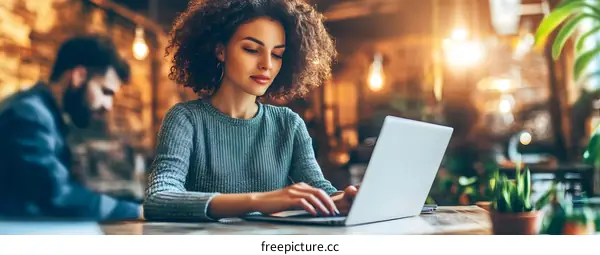 Young Woman Working on Laptop in a Coffee Shop
