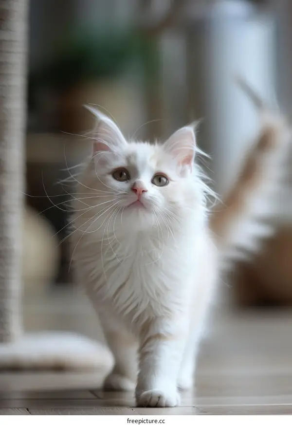 A cute white kitten with blue eyes is walking on the wooden floor