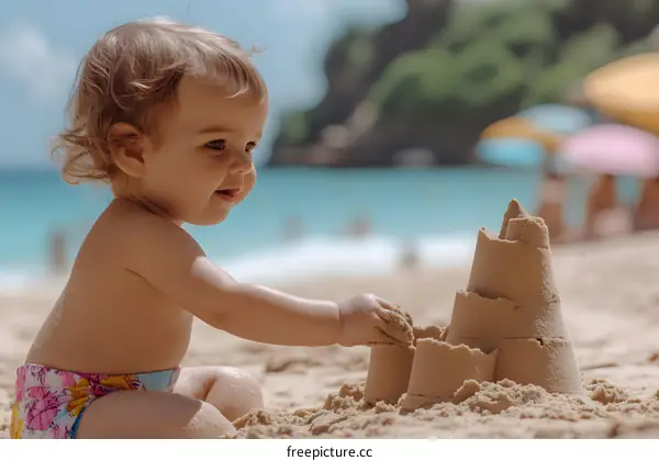 Adorable Baby Girl Building Sandcastle on Beach
