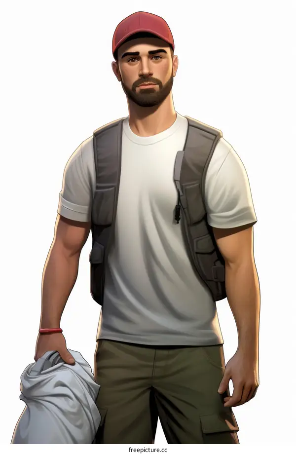 Man in Red Hat, White Shirt, and Green Pants Holding a White Cloth