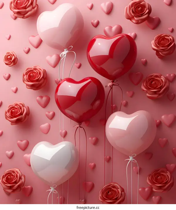 Pink and red heart-shaped balloons with roses on a pink background.