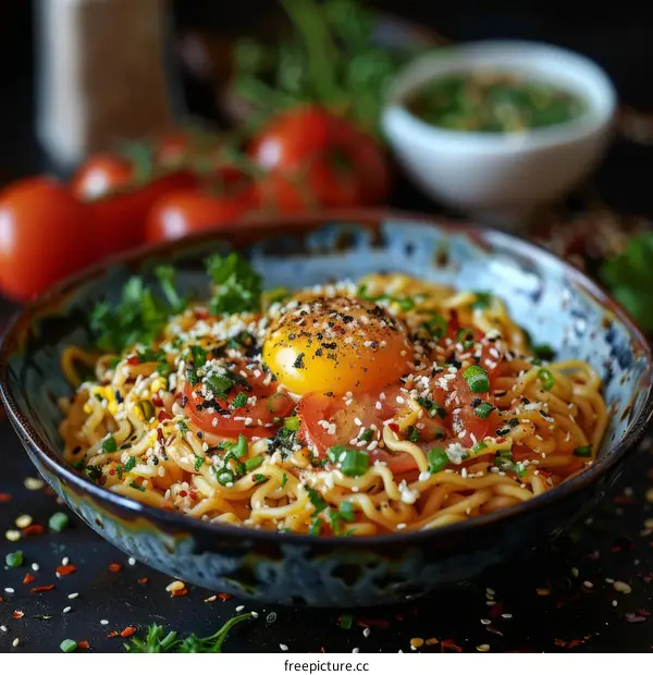 bowl of noodles with egg and vegetables