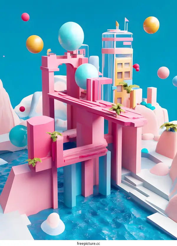 Abstract Cityscape with Pink, Blue and White Buildings