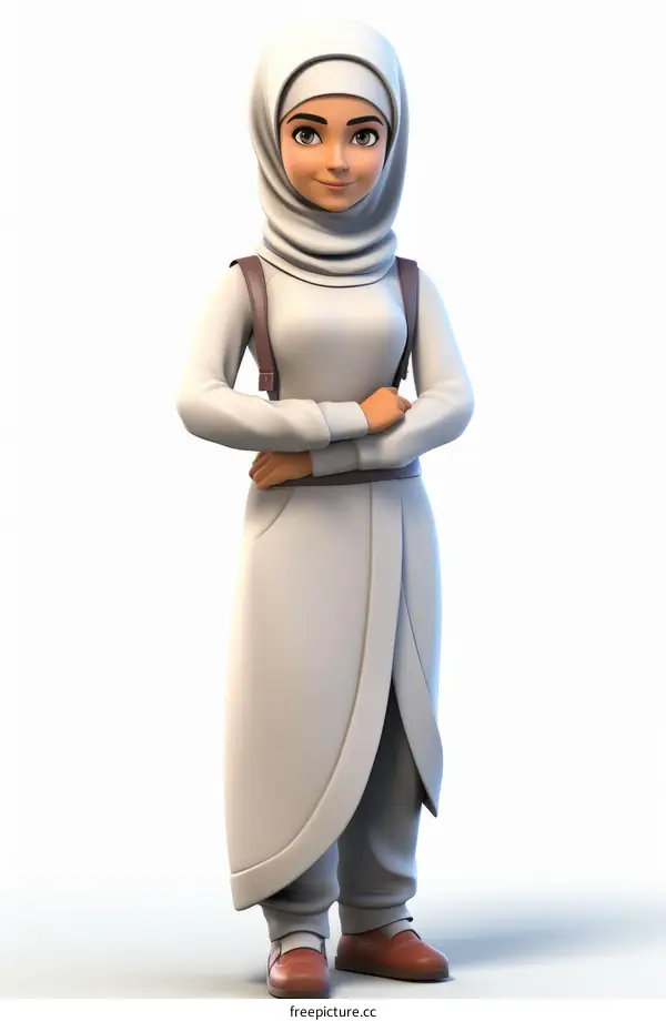 A 3D illustration of a young woman wearing a hijab