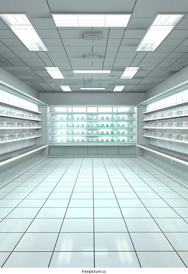 Empty Grocery Store with White Tile Floor and Shelves