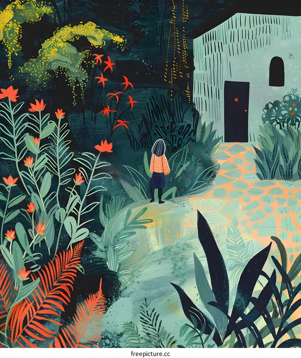 Woman Walking Towards A Small House In A Lush Forest