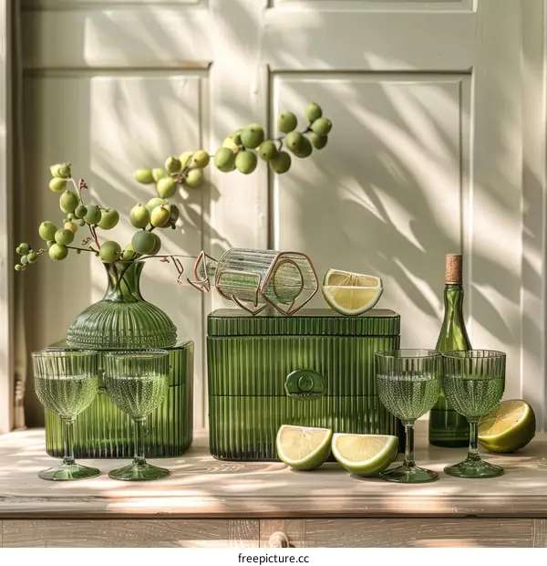 Elegant Glass Vase and Glasses with Limes