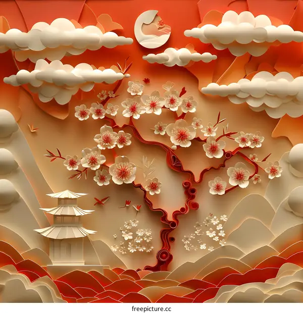 Paper Art Landscape with Cherry Blossoms and Pagoda