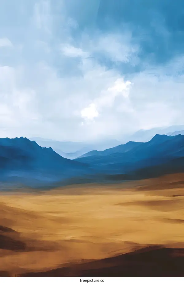Abstract Landscape Painting with Blue Mountains and Golden Field