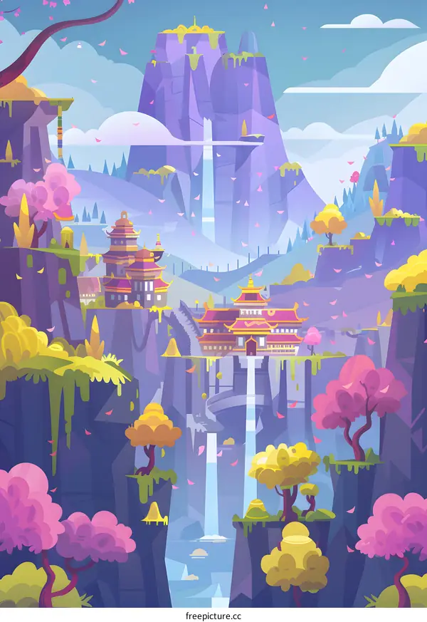 Fantasy Landscape with Pagoda Buildings and Waterfall