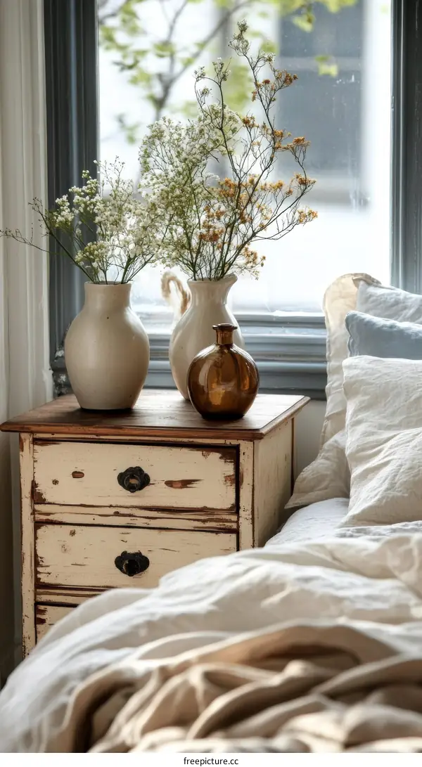 Cozy Bedroom Decor with Dried Flowers and Vintage Furniture